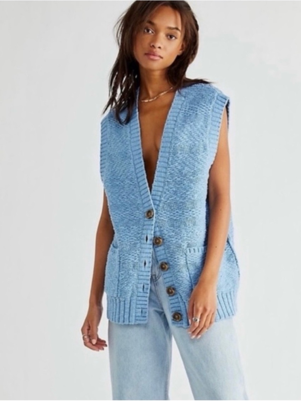 Free People oversized Light Blue Chunky Knit Button-Front Sleeveless Vest
